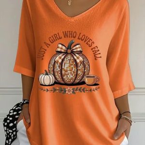 Vintage Pumpkin Pattern Crew Neck Three Quarter Sleeve T-shirt, T-shirts, color:Orange|size:5XL, catalog Noracora shop