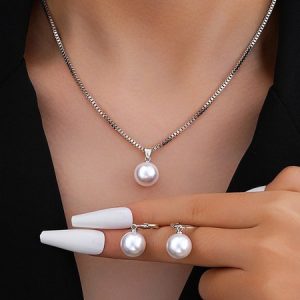 Jewelry Fashion Pearl Pendant Alloy Light Luxury Pearl Earrings Earrings Necklace Set Two-piece Necklace, Necklace, color:Silver, catalog Noracora shop