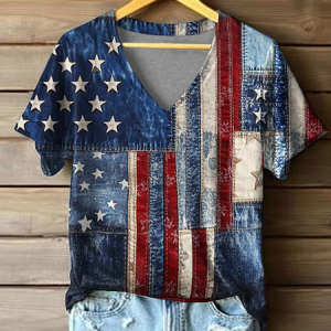 Women Independence Day (Flag) Short Sleeve Tee T-shirt V Neck Printing Casual Summer Graphic Tee Top, JustFashionNow T-Shirts, color:Blue|size:4XL
