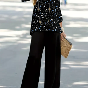Women Floral Printing Two-Piece Set Daily Long Sleeve Casual Spring/Fall Top With Pants Matching Set, JustFashionNow Suit Set, color:Black|size:XXL,