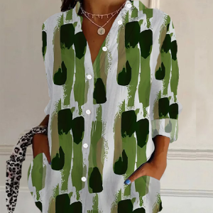 Women Abstract Long Sleeve Shirt Spring/Fall Buckle Shirt Collar Regular Sleeve Daily Casual Top, JustFashionNow Shirts, color:Green|size:XXL,