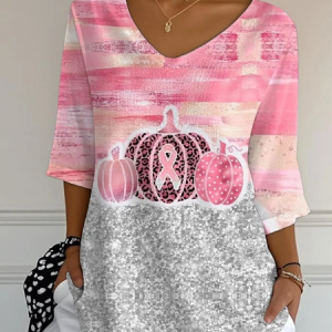 Casual Abstract V Neck Three Quarter Sleeve T-shirt, T-shirts, color:Pink|size:5XL, catalog Noracora shop