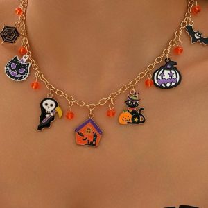 New Halloween Accessories Niche Cat Ghost Pumpkin High-end Jewelry Clavicle Chain Female Pendant Light Luxury Necklace, Necklace, color:Color5|size:One-size, catalog Noracora shop