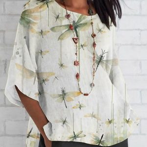 Crew Neck Half Sleeve Dragonfly Regular Regular Fit Blouse For Women, Blouses, color:Light_green|size:4XL, catalog Noracora shop