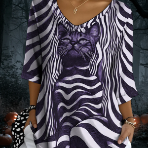 Vintage Cat Crew Neck Three Quarter Sleeve T-shirt, T-shirts, color:Purple|size:4XL, catalog Noracora shop