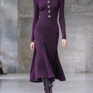 Elegant Plain  Buttoned Crew Neck Sweater Dress, Midi Dresses, color:Purple|size:XXL, Stylewe