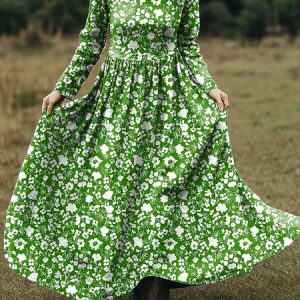 Women Floral Spring/Fall Dress V Neck Long Sleeve A-Line Dress, Dresses, color:Green|size:5XL, catalog Noracora shop