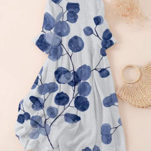 Women Floral Three Quarter Sleeve Spring/Fall Printing Dress Crew Neck Daily Casual Maxi Classic H-Line Dress, JustFashionNow Casual Dresses, color:White|size:5XL,