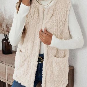 Embossed Street Plain Regular Fit Double-sided Collarless Plush Pocket Casual Cardigan Vest, Vest, color:Apricot|size:XL, catalog Noracora shop