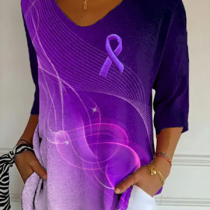 Women Purple Ribbon Three Quarter Sleeve Tee T-shirt V Neck Printing Casual Spring/Fall Graphic Tee Top, JustFashionNow T-Shirts, color:Purple|size:5XL,