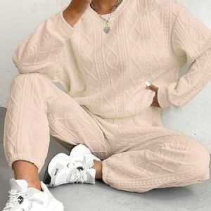 Women Plain Embossed Two-Piece Set Daily Long Sleeve Casual Spring/Fall Top With Pants Matching Set, JustFashionNow Suit Set, color:Apricot|size:XXL,