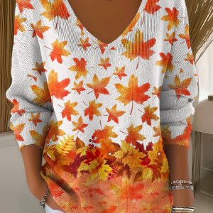 Women Maple Leaf Long Sleeve Tee T-shirt V Neck Printing Casual Spring/Fall Top, JustFashionNow T-Shirts, color:Orange|size:4XL
