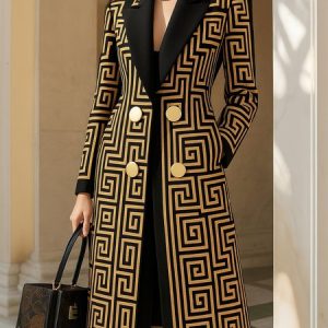 Urban Printing Geometric Lapel Collar Coat, Coats, color:Brown|size:XXL, Stylewe