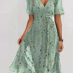 Women Floral Summer Printing Dress V Neck Short Sleeve Ruffle Skirt A-Line Dress, Dresses, color:mint|size:3XL, catalog Noracora shop