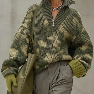 Urban Zip-Up Stand Collar Camo Sweater No Gloves, Pullovers, color:Green|size:XXL, Stylewe