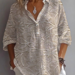 Women Floral Long Sleeve Shirt Spring/Fall Printing Shirt Collar Daily Casual Top, JustFashionNow Shirts, color:Apricot|size:4XL,