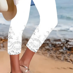 Women Floral Capris Elastic Waist Pants Casual Summer Trousers, JustFashionNow Leggings, color:White|size:XXL,