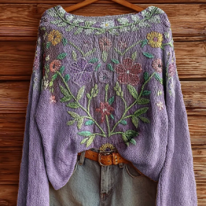 Women's Floral Print Casual Long Sleeve Top, JustFashionNow Sweaters, color:Purple|size:4XL,