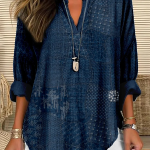 Women Abstract Long Sleeve Blouse Spring/Fall Printing V Neck Daily Casual Top, JustFashionNow Shirts, color:Purplish Blue|size:5XL,