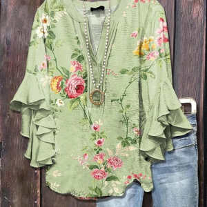 Women Floral Half Sleeve Shirt Summer Printing V Neck Daily Casual Top, JustFashionNow Shirts, color:Green|size:4XL,