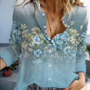 Shirt Collar Long Sleeve Floral Buckle Regular Loose Button Up Shirt Shirt For Women, Shirts, color:Blue|size:5XL, catalog Noracora shop