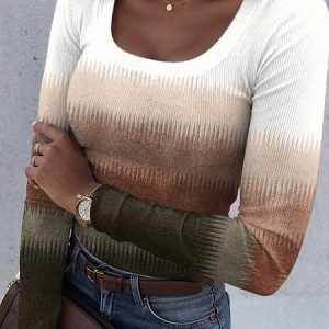 Casual Striped U-Neck Long Sleeve T-shirt, T-shirts, color:Khaki|size:4XL, catalog Noracora shop
