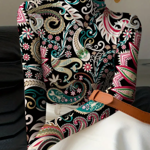 Women Floral Long Sleeve Blouse Spring/Fall Printing Daily Casual Top, JustFashionNow Blouses, color:Black|size:XXL,