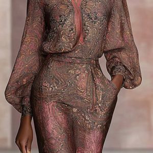 Casual Ethnic Printing Stand Collar Balloon Sleeve Blouse, Blouses and Shirts, color:As Picture|size:XXL, Stylewe