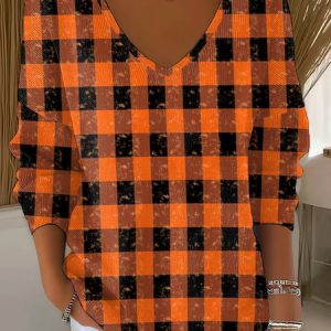 Women Plaid Long Sleeve Tee T-shirt V Neck Printing Casual Spring/Fall Top, JustFashionNow T-Shirts, color:Orange|size:4XL