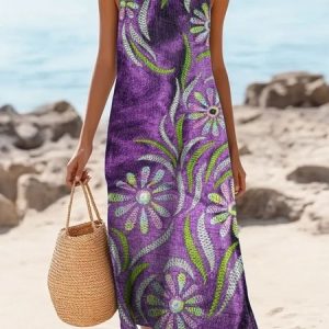 Women Geometric Summer Dress Crew Neck Sleeveless A-Line Dress, Dresses, color:Purple|size:4XL, catalog Noracora shop