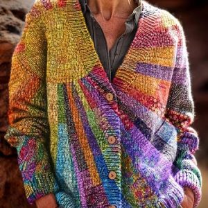 Women Gradient Pattern Long Sleeve Comfy Vintage Cardigan, Cardigans, color:Color3|size:5XL, catalog Noracora shop