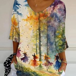 Vintage Halloween Witch Art Pattern Crew Neck 3/4 Length Sleeve T-shirt, T-shirts, color:Multicolor|size:5XL, catalog Noracora shop