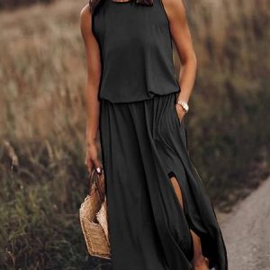 Women Plain Sleeveless Summer Split Joint Dress Crew Neck Daily Vintage Maxi Tank A-Line Dress, JustFashionNow Dresses, color:Black|size:3XL,