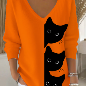 Casual Cute Cat Print V Neck Long Sleeve T-shirt, Sweaters, color:Orange|size:XXL, catalog Noracora shop