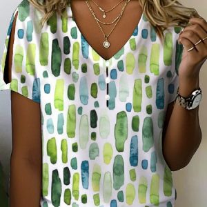 Casual Geometric V Neck Short Sleeve T-shirt, T-shirts, color:Green|size:5XL, catalog Noracora shop