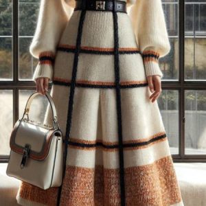 Casual Plaid Sweater Midi Skirt, Skirts, color:Off White|size:XXL, Stylewe