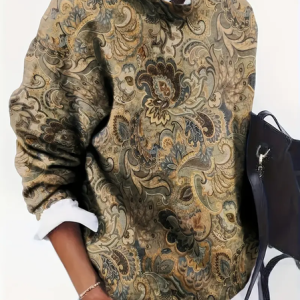 Women Floral Printing Spring/Fall Casual Long Sleeve Crew Neck Sweater, JustFashionNow Sweaters, color:Khaki|size:5XL,