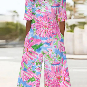 Women Floral V Neck Half Sleeve Casual Summer Jumpsuit, JustFashionNow Jumpsuits＆Rompers, color:Pink|size:4XL,