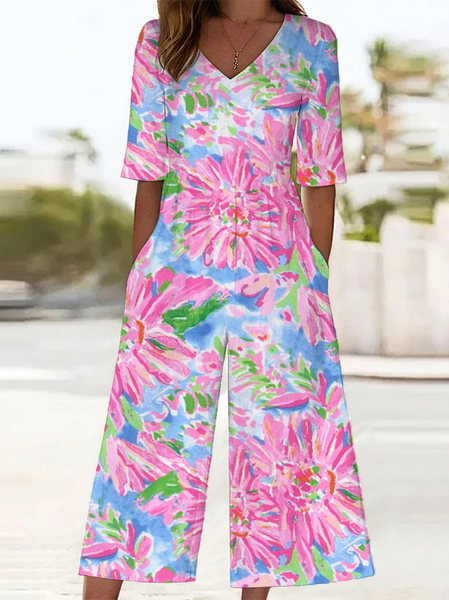 Women Floral V Neck Half Sleeve Casual Summer Jumpsuit, JustFashionNow Jumpsuits&Rompers, color:Pink|size:4XL,
