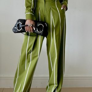 Casual Striped Printing Wide Leg Pants, Pants, color:Green|size:XXL, Stylewe