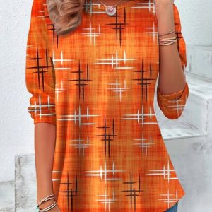 Halloween Vintage Geometric Art Print Crew Neck Long Sleeve T-shirt, T-shirts, color:Orange|size:4XL, catalog Noracora shop