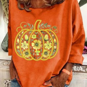 Halloween Pumpkin Print Casual Floral Crew Neck Long Sleeve T-shirt, T-shirts, color:Orange|size:5XL, catalog Noracora shop