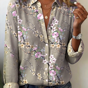 Shirt Collar Long Sleeve Floral Regular Loose Shirt For Women, Shirts, color:Brown|size:XXL, catalog Noracora shop