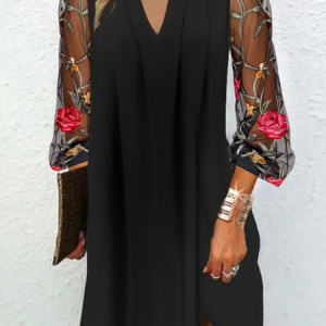 Women Floral Spring/Fall Dress V Neck Long Sleeve Prom Dress H-Line Dress, Dresses, color:Black|size:3XL, catalog Noracora shop