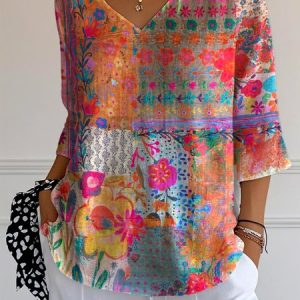 Casual Geometric V Neck Three Quarter Sleeve T-shirt, T-shirts, color:As Picture|size:5XL, catalog Noracora shop