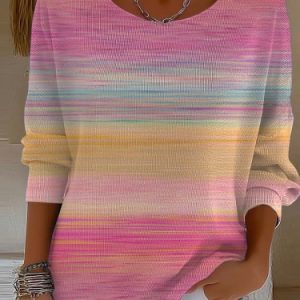 Casual Ombre V Neck Long Sleeve T-shirt, T-shirts, color:Pink|size:S, catalog Noracora shop