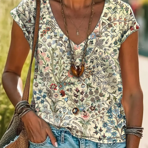 Women Floral Short Sleeve Tee T-shirt V Neck Printing Casual Summer Graphic Tee Top, JustFashionNow T-Shirts, color:Beige|size:4XL,