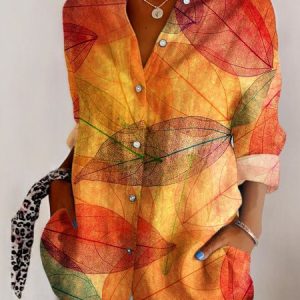 V Neck Long Sleeve Leaf Regular Micro-Elasticity Regular Fit Shirt For Women, Shirts, color:Orange|size:5XL, catalog Noracora shop
