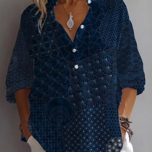 Women Abstract Long Sleeve Shirt Spring/Fall Printing Shirt Collar Daily Casual Top, JustFashionNow Shirts, color:Purplish Blue|size:5XL,