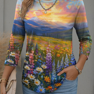 Casual Floral Crew Neck Long Sleeve T-shirt, T-shirts, color:Color1|size:M, catalog Noracora shop